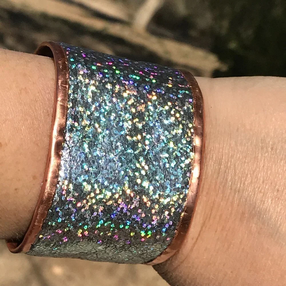 Genuine Leather Holographic Copper Cuff Bracelet Real Hologram (not Glitter)